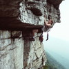 Shortly after this, he fell.  This is the photo that was displayed at the Mohonk Visitor Center for many years, and is the photo that "covers"  Shockley's Ceiling in Dick Dumais' book "The Shawangunks", here digitized from the original slide.