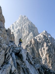 Ryan Richardson looking at the North Ridge of The Grand in the nice morning sun.