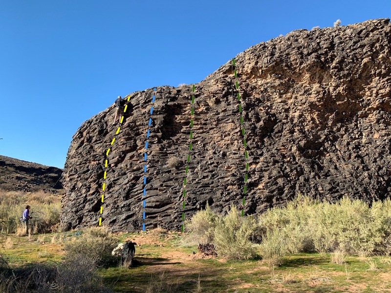 East face of Swimming Hole Rock.  Nick is at the top of Sophia's Swing.  Then Savannah Smiles, River Rock Rueben and Twin Power. Left to right.