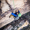 Getting into the juggy varnished plates high on the fourth pitch. Late December 2018.