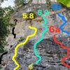 Diamond Cave Routes: Run Away (yellow), Chok Dee/Mot Daeng (teal), Keep the Jam Man (red) and Les Petites Oreilles (blue).  I was climbing with a local kid who didn't know the route names in English. Let me know if I got any wrong!