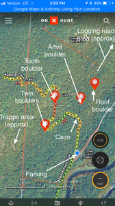 This should help.   Cairn and game trail to the Trapps area are MIA (1/13/19).  Lots of thorny and dense underbrush off-trail.