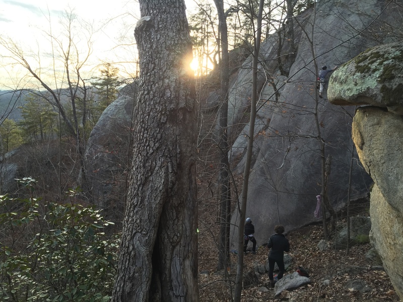 bolted line to right on arch wall, I also place a .5, or .75 above last bolt before moving left to tree and achors.  photo by ARJ, AM belay, w/ AE