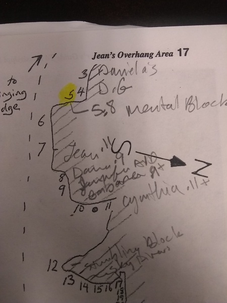 Location of the overhanging routes in the Jean's Overhang area.