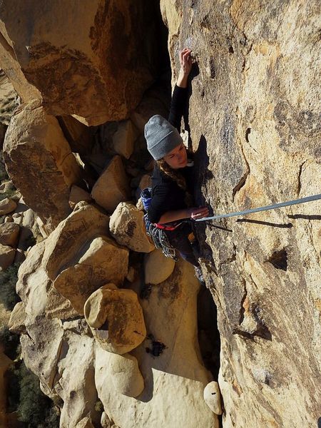 Nicole coming up the thin crack to face finish.  8 Feb 2019.