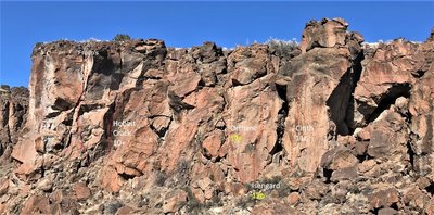 Topos of routes in Mordor area Located on the Twin Towers Sector.