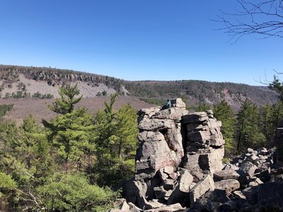 Mason taking in the glorious view from the top of Overhang Tower (Blockhead).