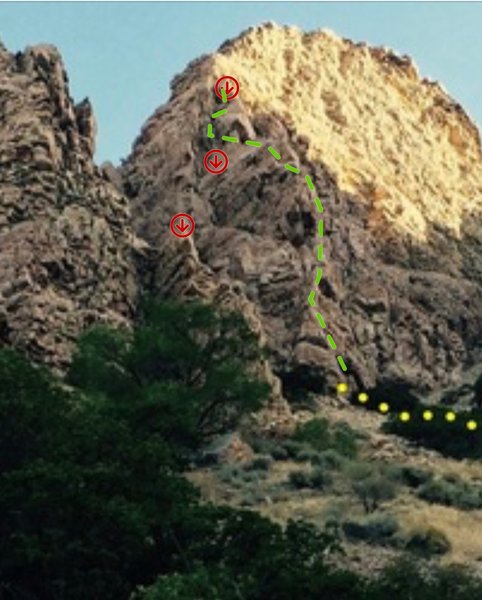 Yellow=approach
<br>
Green=climbing route
<br>
Red= rappel stations (approximate locations.
<br>
Please comment with directions to exact locations)