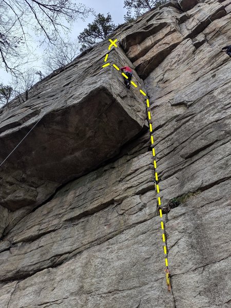 Bridal Path 5.7 variation on Horseman, cut left before you hit the roof in the corner, move around the arete, big reach to a horizontal and to the horseman pitch #1 optional belay.