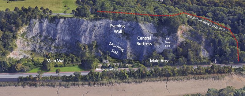 Main Area. Avon Gorge, Bristol, England.
<br>
Annotated Google Maps imagery.