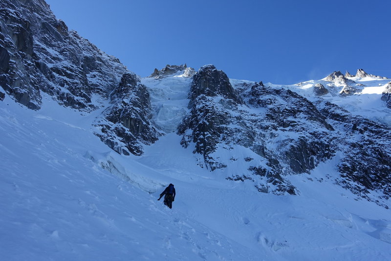 Negotiating crevasses en route to the Tournier Spur which is fully visible in this photo.