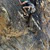 Bryn Owen on the crux of Blurry (5.8).