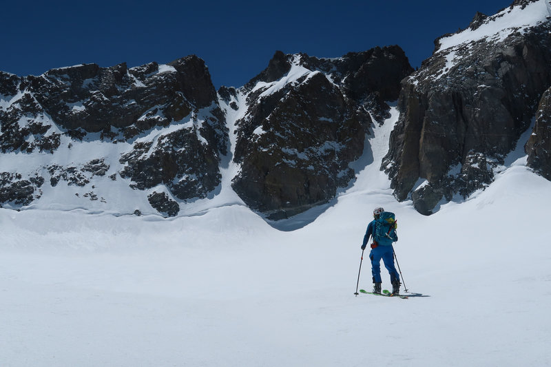 Skiing towards the U Notch in spring