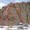 A) Unnamed Gully/Chimney, 5.6, trad.
<br>
B) Sir Mixed A Lot, 5.10d, mixed.
<br>
C) Back Where It All Begins, 5.7, trad.