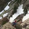 The first couple of rock moves after ascending snow couloirs (May 2019)