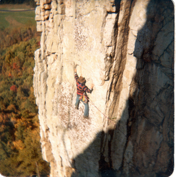 Horrendous Traverse 1972, 
<br>
swami webbing, vibram klettershoes, leather gloves for the hip belay, very little gear. The little red guidebook (in back pocket) lists this as both 5.5 and 5.5 A1 ??   Seemed about 5.7 at the time.