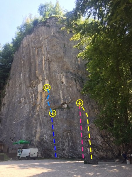 The main cliff face, with Kremsnia (yellow,) Nagelcjek (pink), and Harmonika (blue) shown