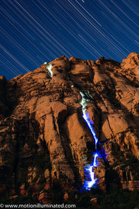 Long exposure shot of climbing with LEDs/headlamp when the LEDs quit working partway up the crux chimney.