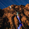 Long exposure shot of climbing with LEDs/headlamp when the LEDs quit working partway up the crux chimney.