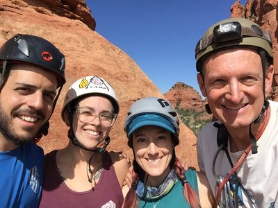 Pic from first big ledge. The 5.8/5.9 slab move and first bolt are right behind us.