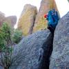 Descent beta: downclimb this handcrack to get to chimney/slot on the west side of Turkey Tail.