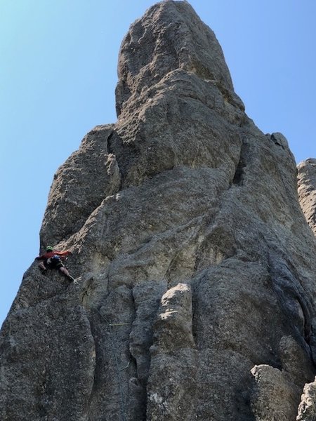 Mark Rafferty about to transition onto the Ramp on pitch one of Spire One on his Picnic Day Traverse