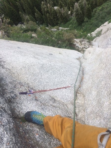 The insecure, polished corner after the crux #1 traverse. "Just enough hidden gear to keep you from bailing or taking a huge ride." (Granite guide)