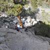 Chuck near the top of Blue Sky Highway (5.6), Onyx Summit Crag