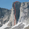 The Dogtooth Pinnacle, showing the line of Once Bitten (5.10).