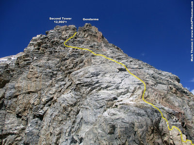 The crux section of the East Ridge (climbing through the notch behind the Molar Tooth), and easy slab climbing above to the 2nd Tower bypass.  The top half of this is fine to solo.