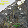 The crux section of the East Ridge of the Grand Teton, with the standard variation shown in yellow.