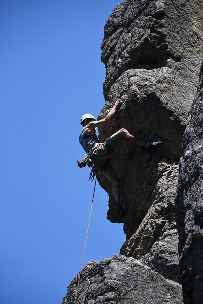 Cory sending the crux while leading the Full Marge.