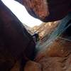 Past the stem start and into the crack climb on the left, as one faces the wall. (Hannah top roping the route after I lead).