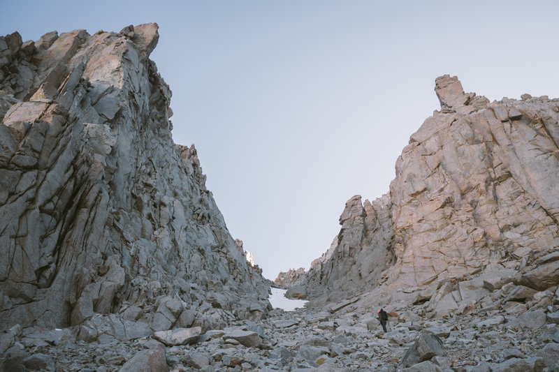 Looking up at the chute for the West Face route of Williamson