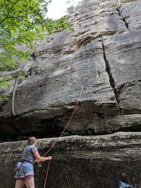 Kampsight is a solid slab climb, with a great crack to start, an emphasis on balancey moves, and spicy friction slab towards the top.