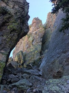 A September view of the alcove between the south side of Woodstone (left) and the north side of Half & Half (right).
