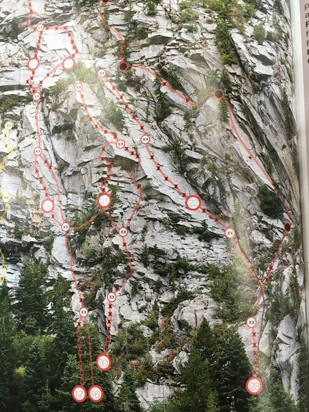 22 - Sumatra 
<br>
23 - Precious Lost
<br>
BLACK LINE Drawn in - From anchors at top of pitch two on Sumatra I went right into the left facing corner system for two more pitches.