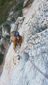 Ernesto Magallanez nears the belay of pitch 1.