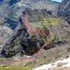 Spearhead west-side descent. Original photo and route (red dashed line) from MP member Jeff G.