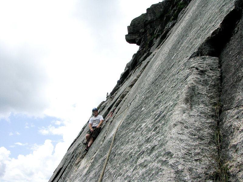 Jamie Cunningham belays on Falling Aspirations. Note climber on first pitch of Wiessner's Dike below the Old Man's Dog. Photo by Jamie Cunningham.