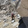 About halfway up SW Chute AUG 2019. Loose boulders over dirt which is typical of 90% of the chute.