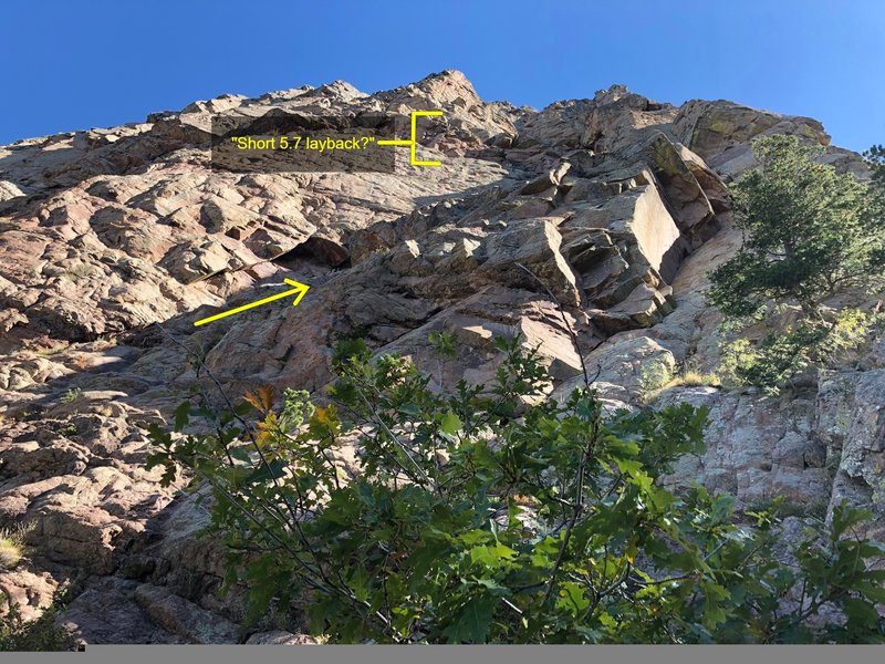 "Though I have not climbed it, I have marked this photo with the likely start of Clark's Cramps. Also shown is the probable "short 5.7 layback". Thanks to Dylan S for teaming to figure this out."