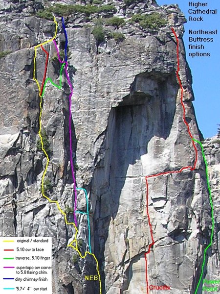 Finish options on the Northeast Buttress, and routes to the right.
<br>
Original photo by Dennis Erik Strom from Higher Cathedral Spire.