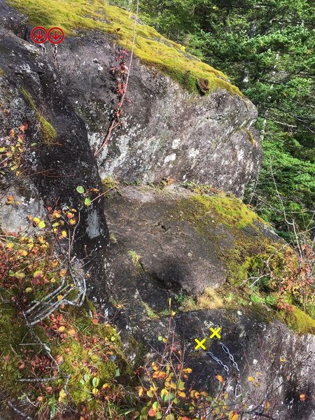 Old upper anchor location in red that caused horrible rope drag at top, chains have been moved to lower tier to avoid walking. Old rap chain anchor has been removed. Taken from BLM-1 anchor