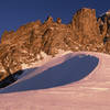 Sunrise view of the Tooth and the main peak of Mt Waddington from our high camp.