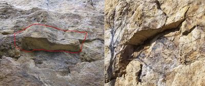 Rock Fall 2019. Before on the left. After on the right. Red circling what fell.  Bolts are unaffected for Preemetive Strike, but the moves through the roof might be. Also surrounding rock could be loose. Proceed with caution.