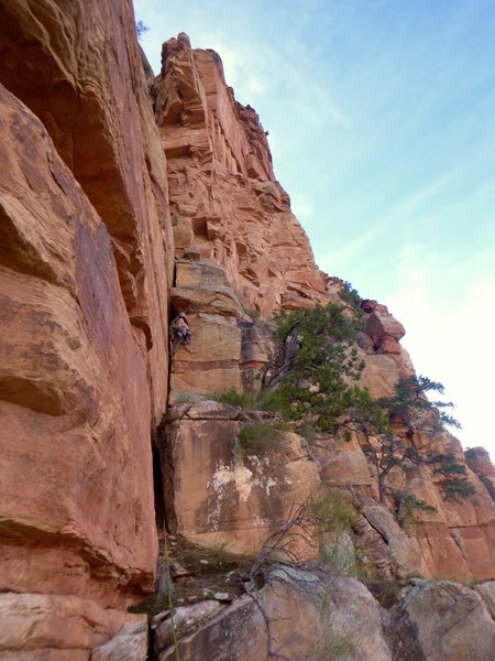 Giselle leads the 4th pitch offwidth staircase.