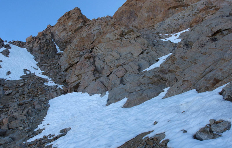 Moving up to the final section of the route to the col and the NW face finish. Wish there was more snow here. Way more fun than scree - June 2013