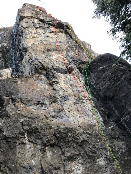 The routes at the top of the hill. The Penultimate Truth(Blue), Reign in Blood(Red), Don't Avoid What is Easy(Green), Livin' On The Ledge(Yellow).