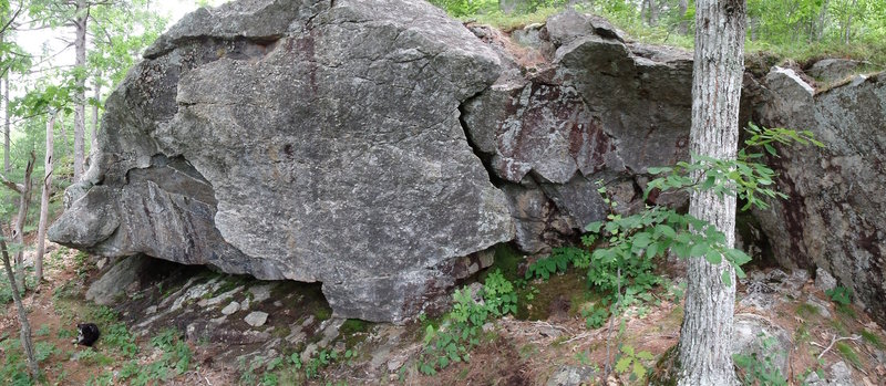 The Hidden Wall. The big, white flake towards the left of the formation is "Rainbow in the Dark", "Cornered" to the far right.